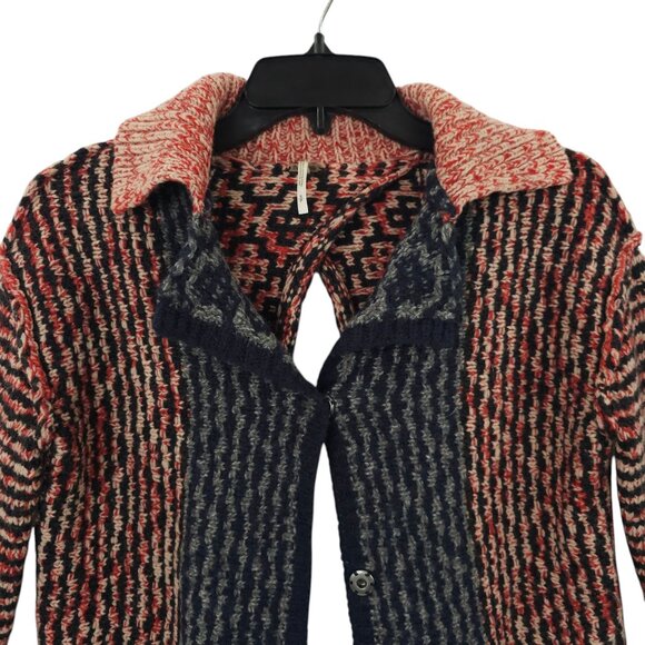 Free People Open Back Sweater Womens S Striped Snap Front Wool Blend Red Black - Picture 9 of 16